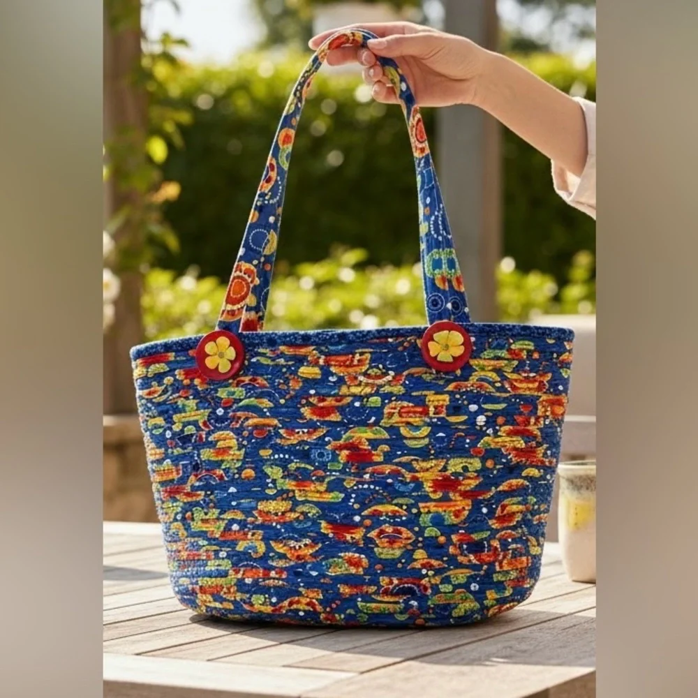Handmade Coiled Rope Basket Tote Bag - Blue and Yellow Floral